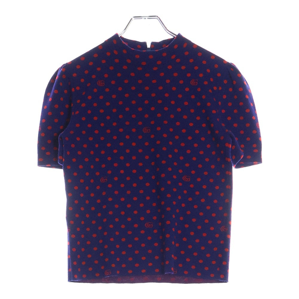 GUCCI(グッチ) GG ドット総柄 モックネック パフスリーブ 半袖 ニット セーター ネイビー/レッド レディース 623606 XKBDJ