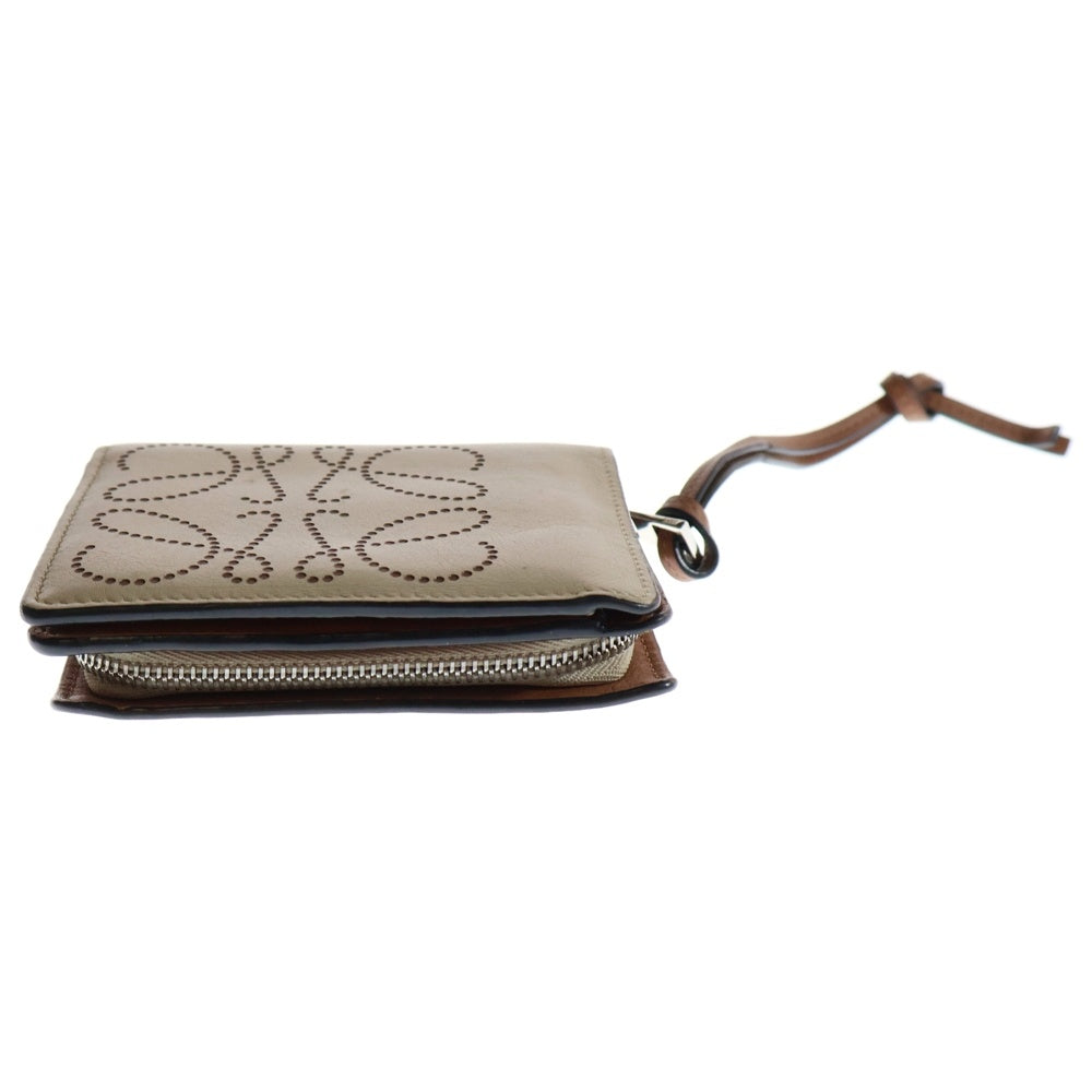 LOEWE(ロエベ) アナグラム コンパクトジップウォレット コインケース 三つ折り財布 シルバー金具 ベージュ×ブラウン レザー