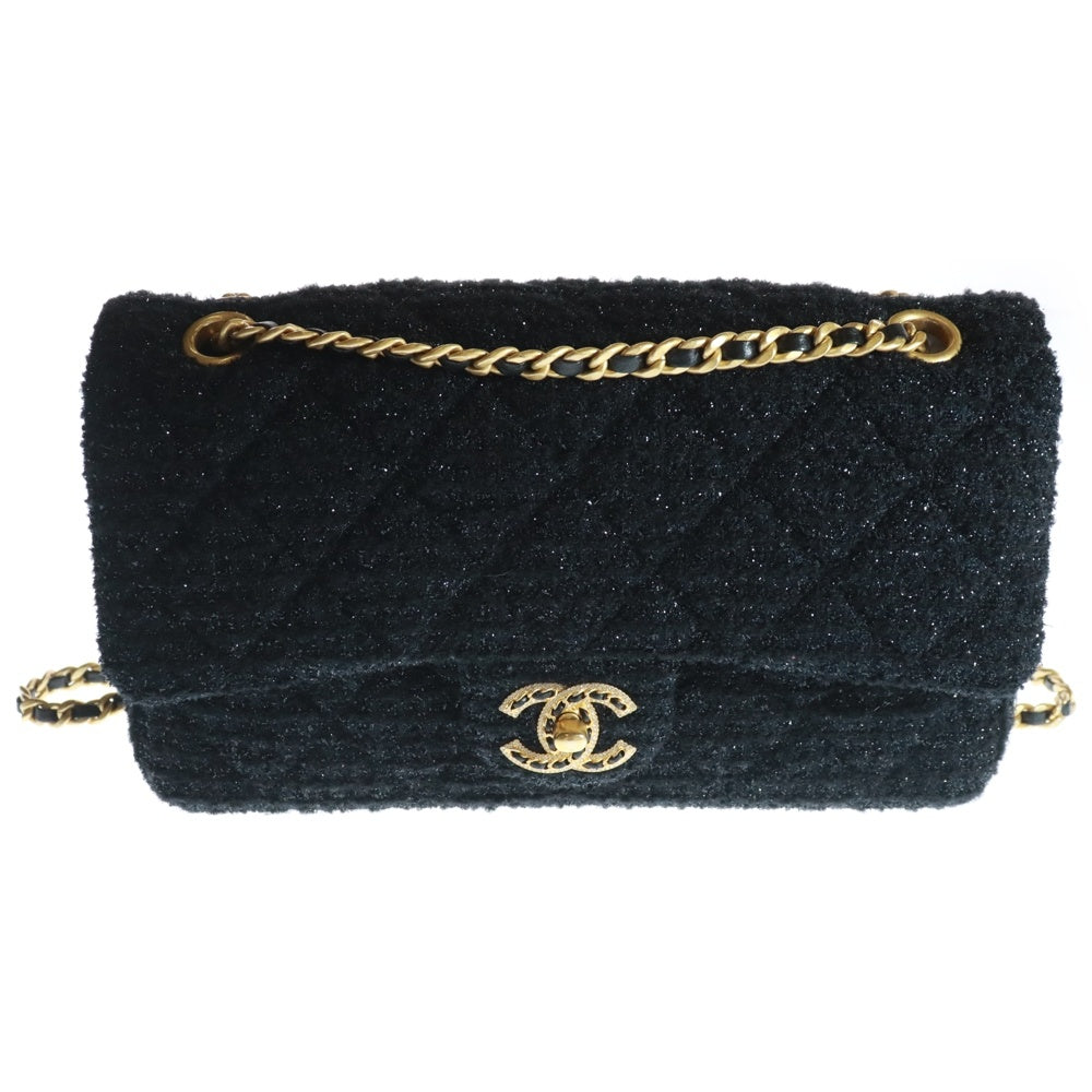 CHANEL(シャネル) マトラッセ25 ココマーク ツイード ダブルチェーン ショルダーバッグ ゴールド金具 ブラック レディース
