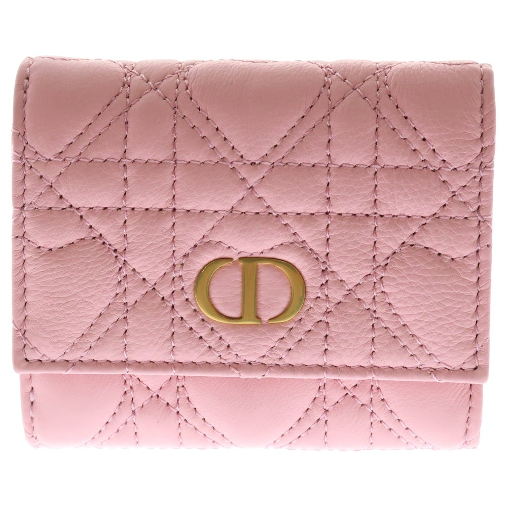 Christian Dior(クリスチャンディオール) CD レディディオール カロ ハイビスカス ハート カナージュ 三つ折り財布 コンパクトウォレット コインケース ゴールド金具 ピンク レザー