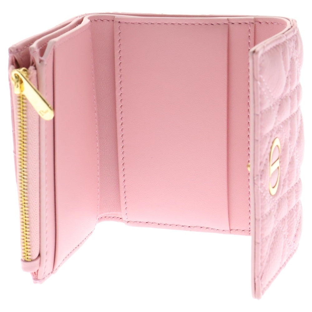 Christian Dior(クリスチャンディオール) CD レディディオール カロ ハイビスカス ハート カナージュ 三つ折り財布 コンパクトウォレット コインケース ゴールド金具 ピンク レザー