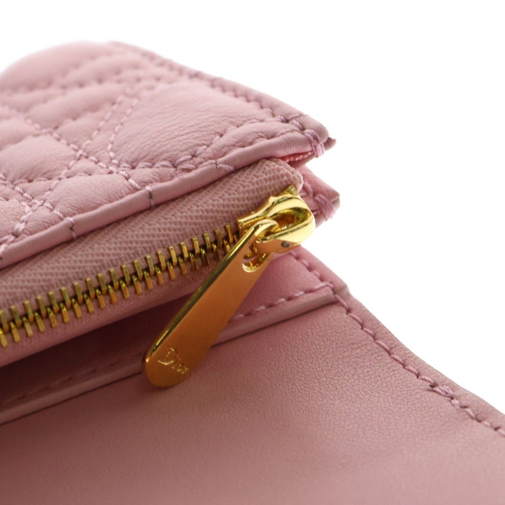 Christian Dior(クリスチャンディオール) CD レディディオール カロ ハイビスカス ハート カナージュ 三つ折り財布 コンパクトウォレット コインケース ゴールド金具 ピンク レザー