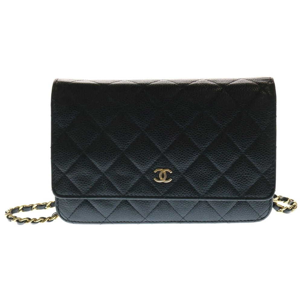 CHANEL(シャネル) マトラッセ ココマーク キャビアスキン レザー チェーンウォレット ショルダーバッグ ゴールド金具 ブラック 22番台 AP0250