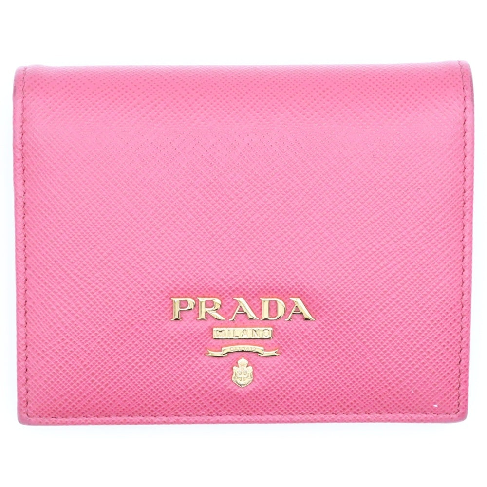 PRADA(プラダ) ロゴプレート サフィアーノレザー コンパクトウォレット 二つ折り財布 ピンク 1MV204