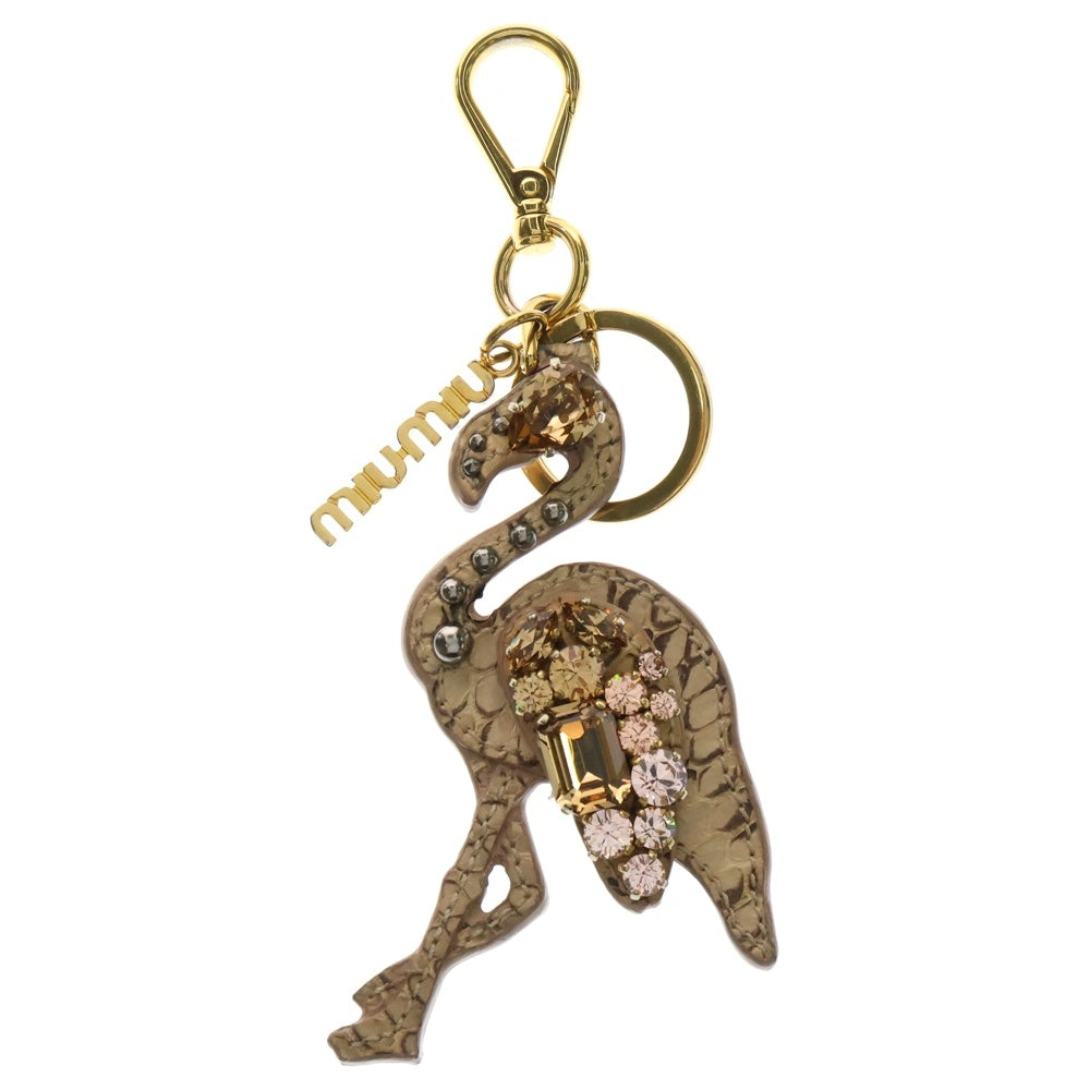 miumiu(ミュウミュウ) CRISTAL ANIMALS クリスタルアニマルズ フラミンゴ ビジュー ストーン レザー キーリング キーホルダー ゴールド金具 ピンク 5ARF12