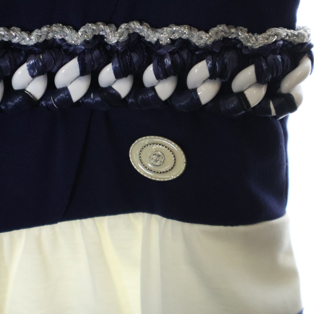 CHANEL(シャネル) シルク コットン ココマークボタン チェーンデザイン ノースリーブ ワンピース ドレス ネイビー/ホワイト レディース P47919W05472