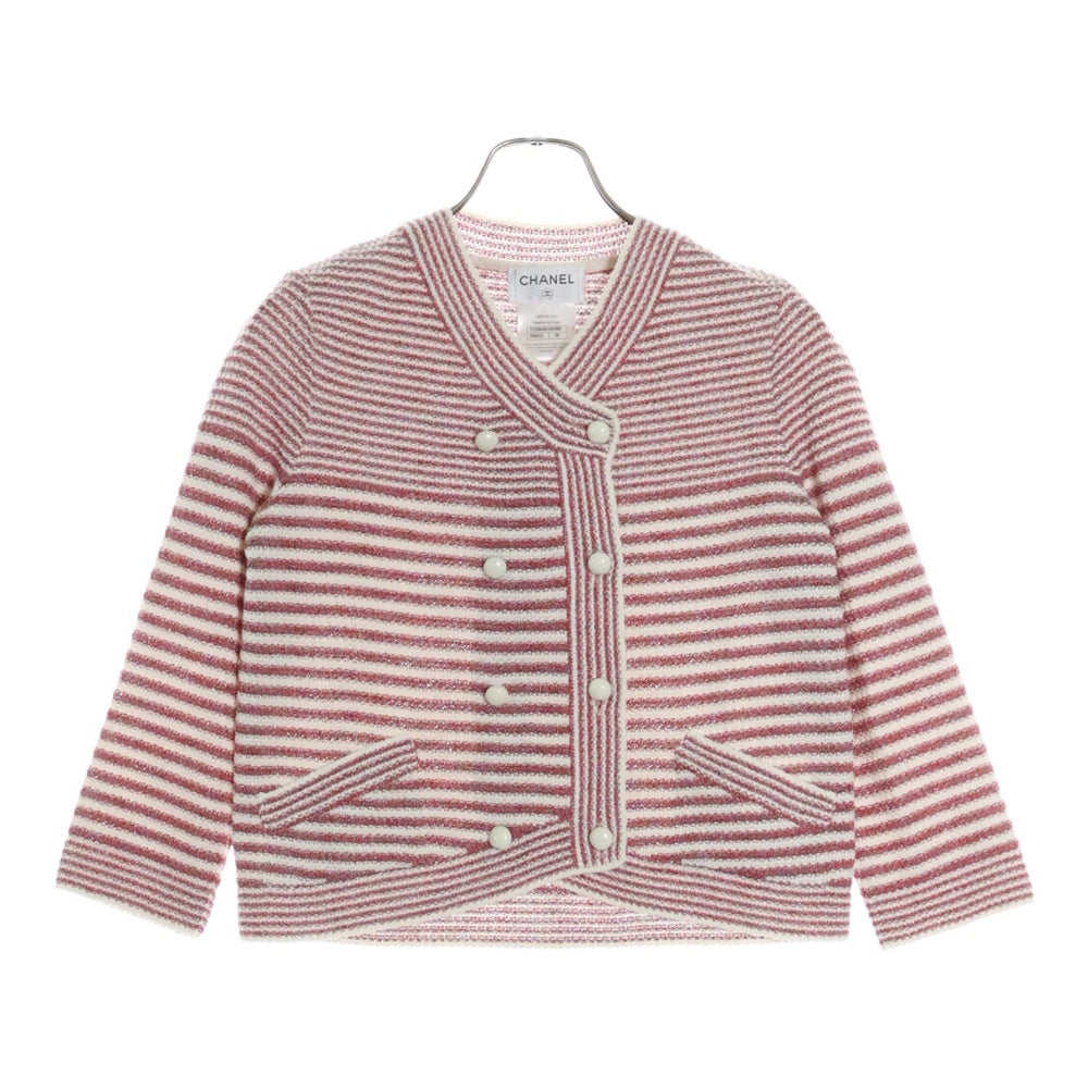 CHANEL(シャネル) ボーダー総柄 シルク混 ココマークボタン ダブルブレスト ニットジャケット フレア ミニスカート レッド/ホワイト レディース P51264K06588/P51179K06588