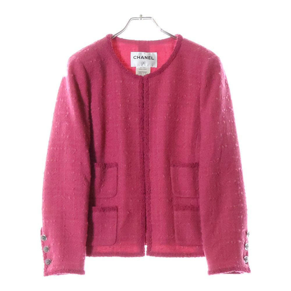 CHANEL(シャネル) モヘヤ混 ウール ツイード フロントホック ノーカラー ジャケット ピンク レディース P36437V26291