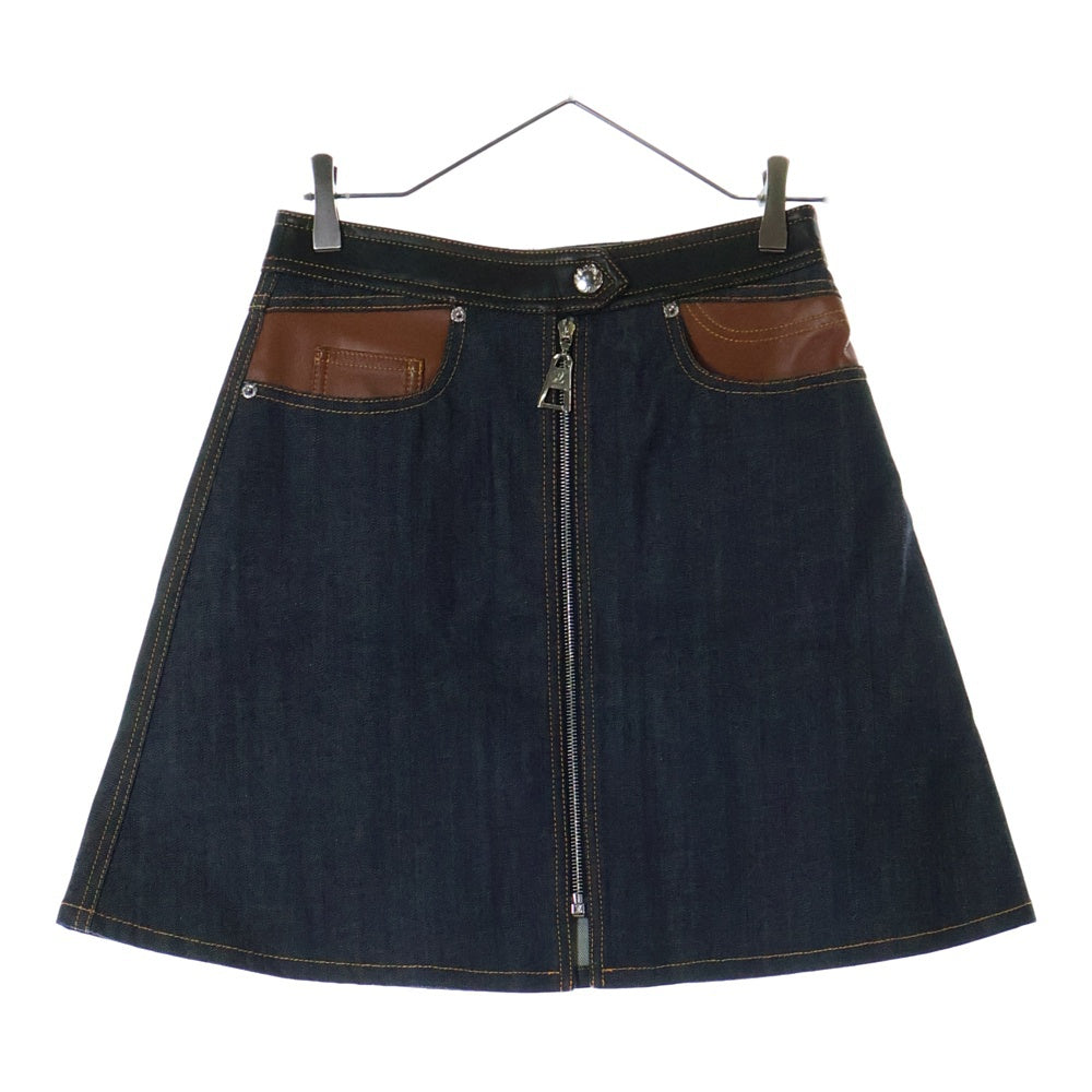 LOUIS VUITTON(ルイヴィトン) 15AW レザー切替 フロントジップ デニムスカート インディゴ RW152A F8SK13CKJ レディース