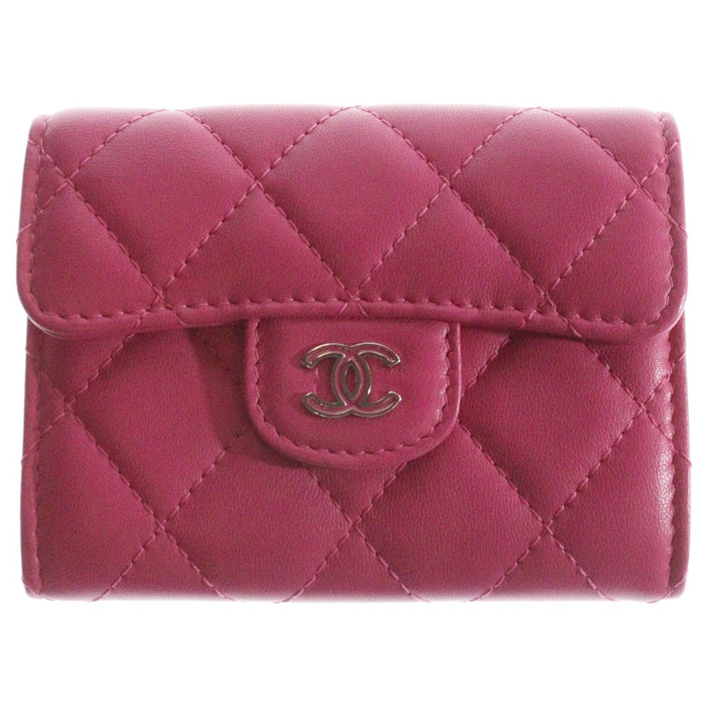 CHANEL(シャネル) マトラッセ コインケース コンパクトウォレット 三つ折り財布 シルバー金具 ピンク ラムスキン シール