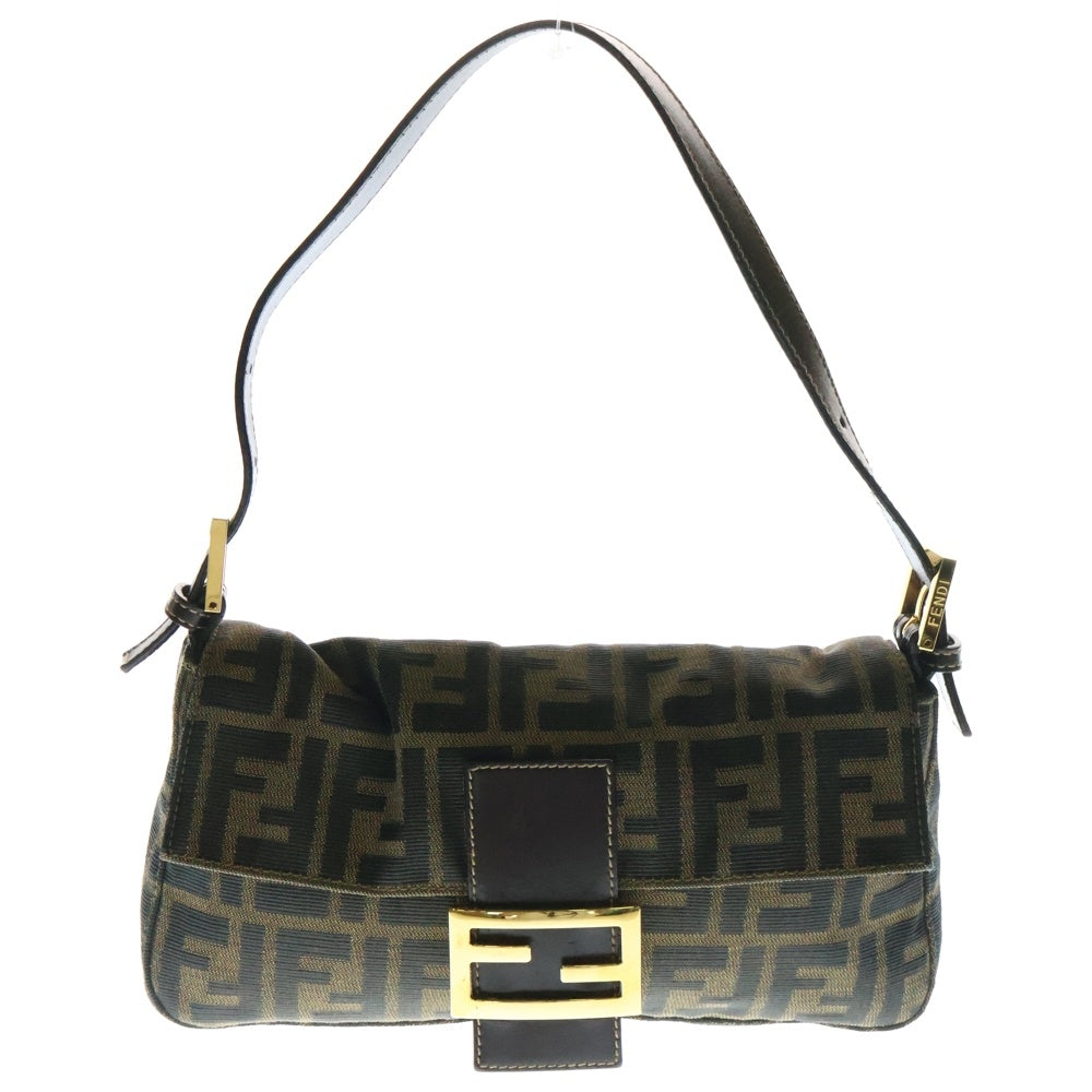 FENDI(フェンディ) マンマバケット ズッカ柄 FFロゴプレート キャンバス レザー ワンショルダーバッグ ゴールド金具 ブラウン