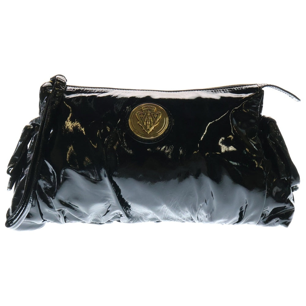 GUCCI(グッチ) ヒステリア エンブレム ロゴプレート パテントレザー クラッチ セカンド ハンドバッグ ゴールド金具 ブラック 197015