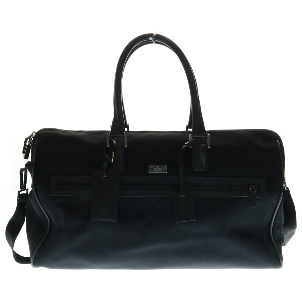 GUCCI(グッチ) メタルロゴプレート ナイロン レザー 2WAY ハンド ショルダー ボストンバッグ シルバー金具 ブラック 114674
