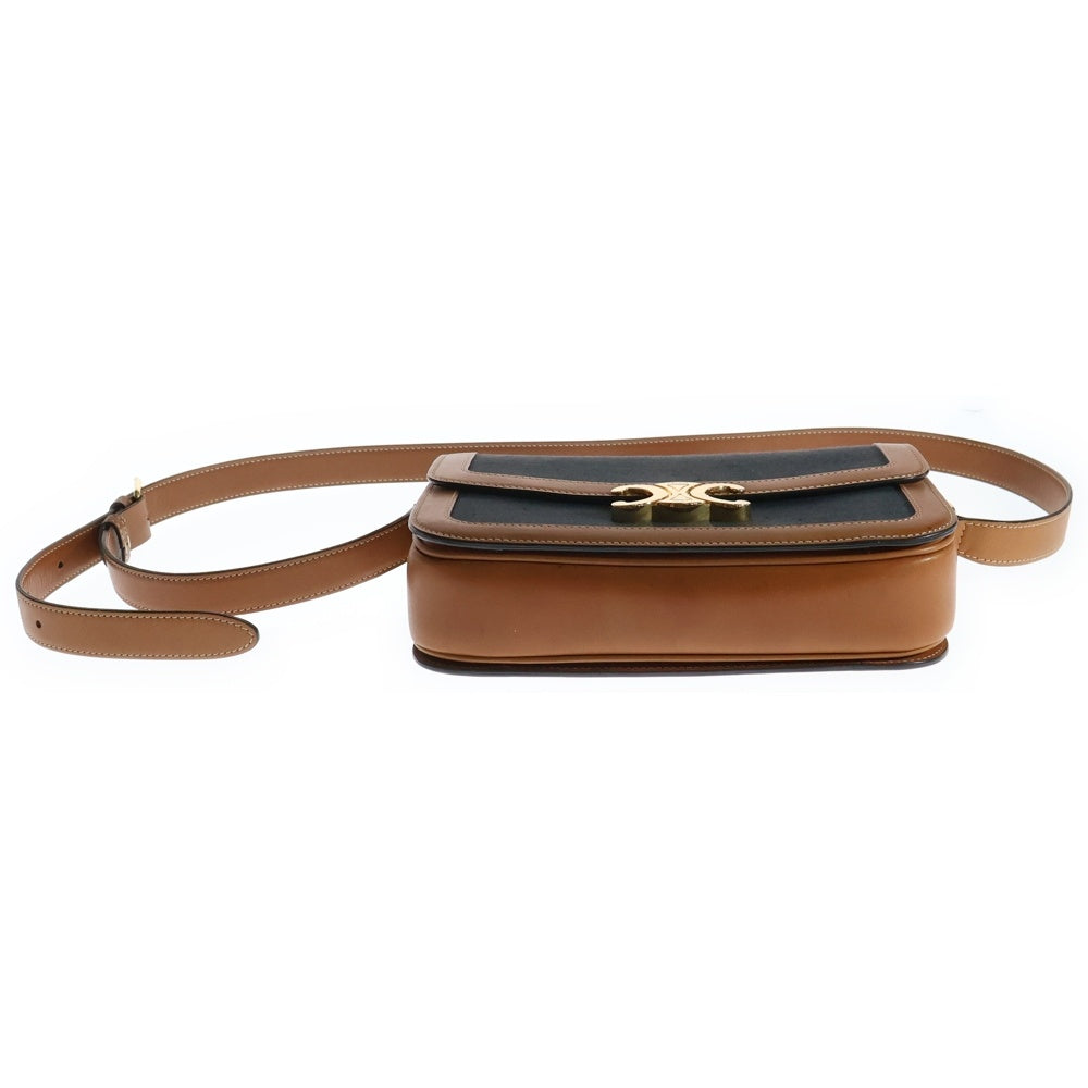 CELINE(セリーヌ) クラシックトリオンフ ロゴプレート キャンバス レザー ショルダーバッグ ゴールド金具 ネイビー/ブラウン 191242