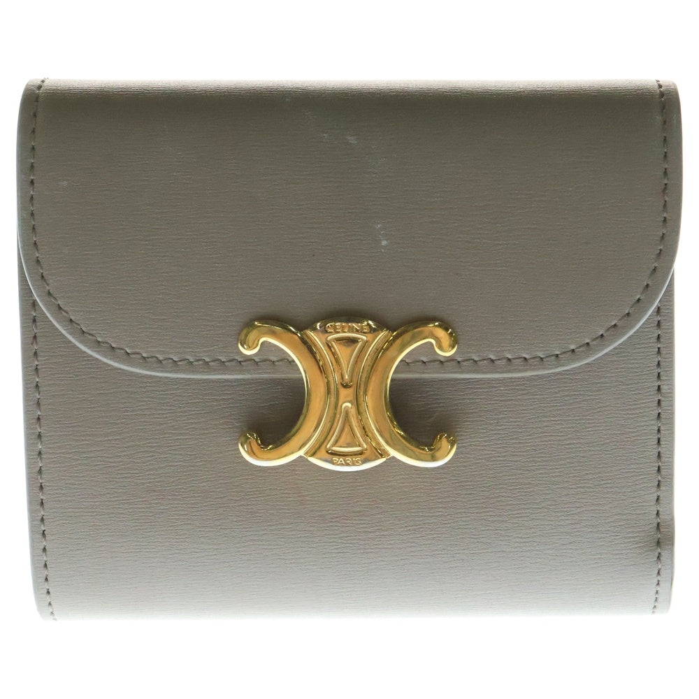 CELINE(セリーヌ) トリオンフ 三つ折り財布 コンパクトウォレット コインケース ゴールド金具 グレージュ レザー レディース