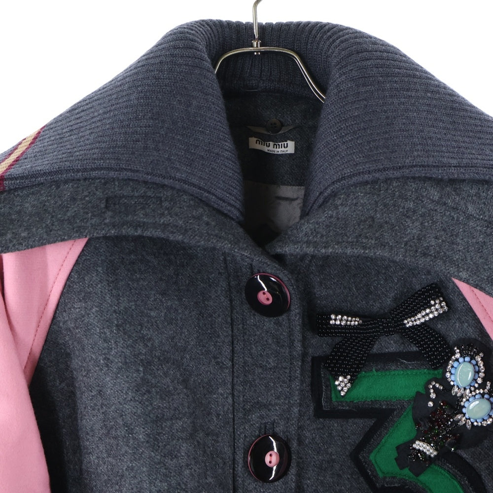 miumiu(ミュウミュウ) 17AW アップリケビーズ刺繍ウールスタジアムジャケット セーラーカラーブルゾン ピンク レディース ML442 1PGX