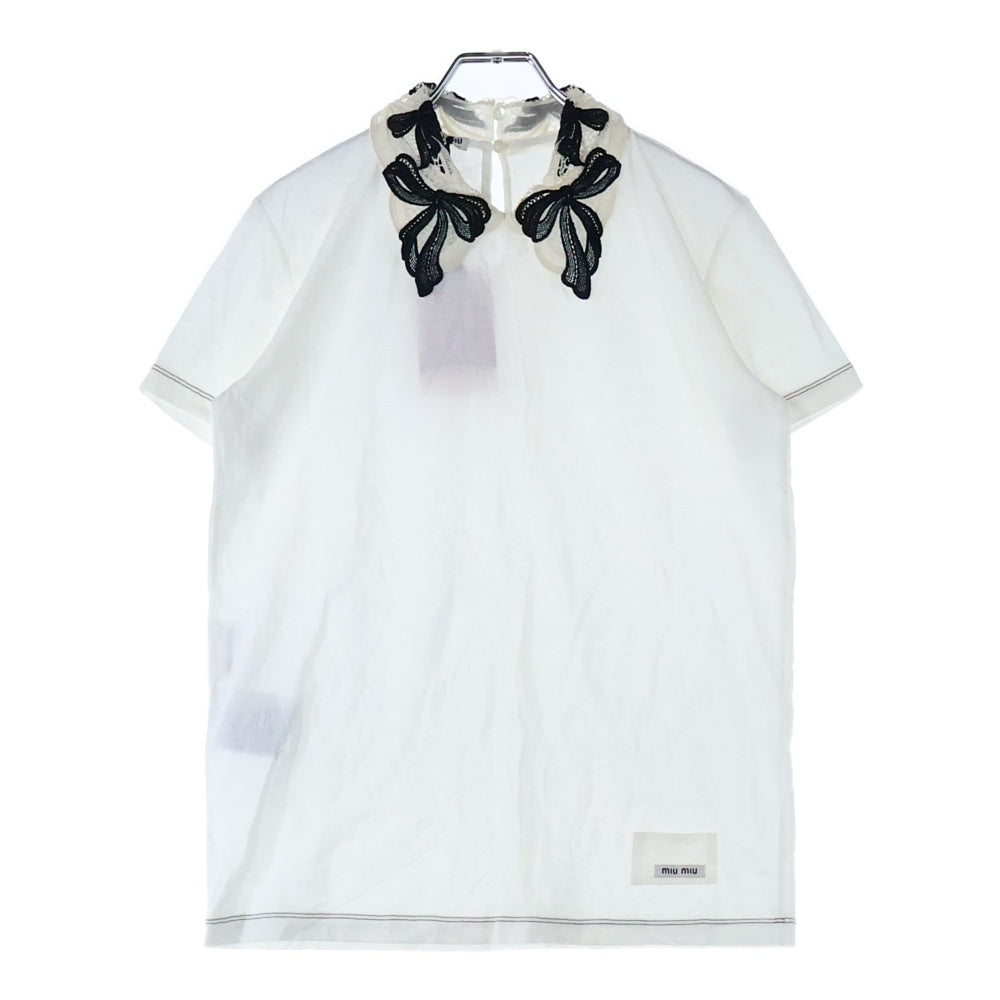 miumiu(ミュウミュウ) 17SS リボンモチーフ レースカラー 裾ロゴ コットン 半袖Tシャツ カットソー ブラウス ホワイト レディース MJM972