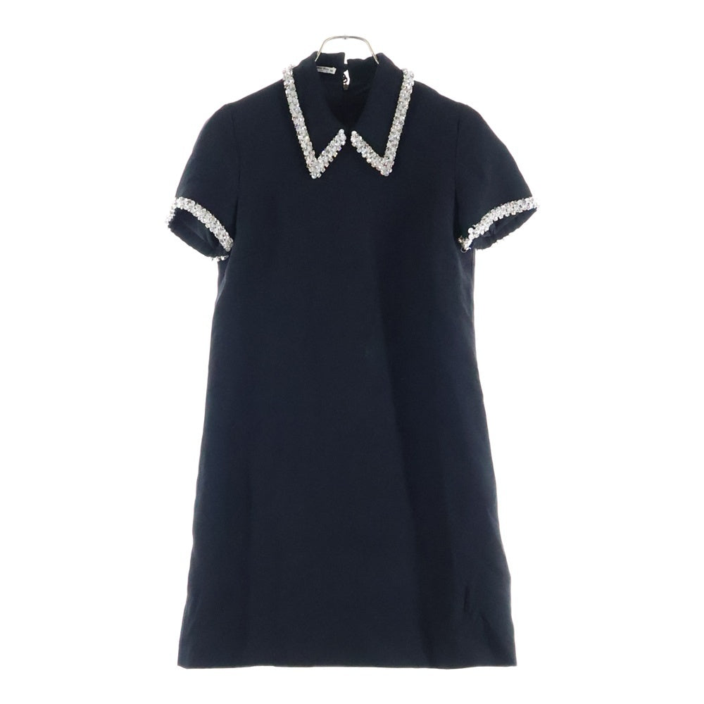 miumiu(ミュウミュウ) 19SS ビジュー装飾 ビスコース レーヨン バックジップ 半袖 タイトミニ ワンピース ドレス ブラック レディース MF3392