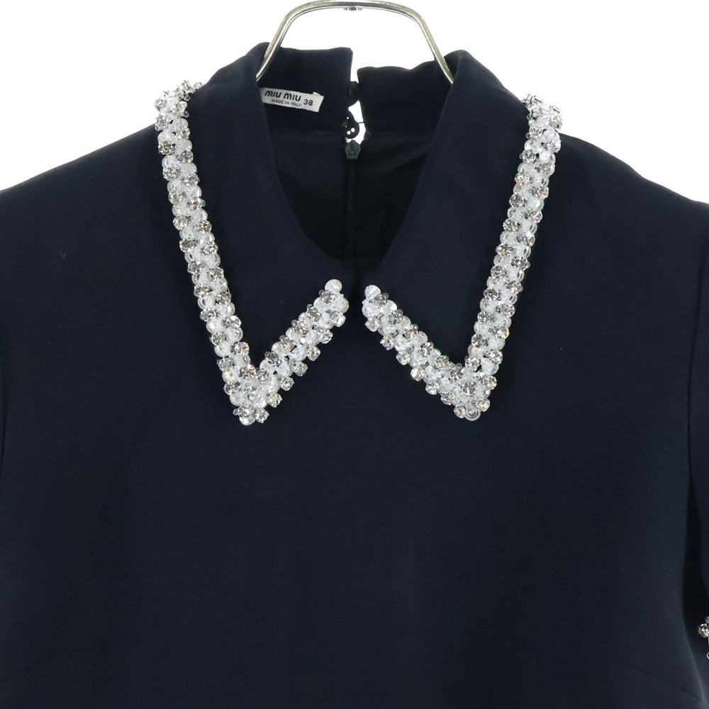 miumiu(ミュウミュウ) 19SS ビジュー装飾 ビスコース レーヨン バックジップ 半袖 タイトミニ ワンピース ドレス ブラック レディース MF3392