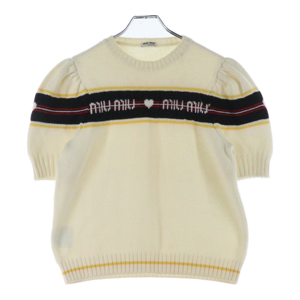 miumiu(ミュウミュウ) 17AW ロゴジャガード ハート クルーネック パフスリーブ 半袖ニット セーター アイボリー/イエロー レディース MML037