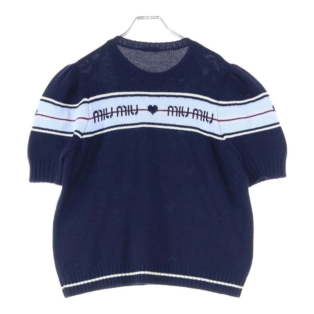 miumiu(ミュウミュウ) 17AW ロゴジャガード ハート クルーネック パフスリーブ 半袖ニット セーター ネイビー レディース MML037
