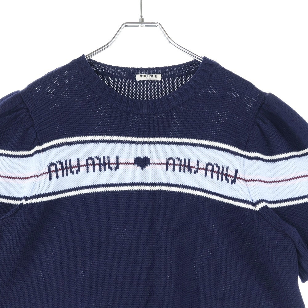 miumiu(ミュウミュウ) 17AW ロゴジャガード ハート クルーネック パフスリーブ 半袖ニット セーター ネイビー レディース MML037