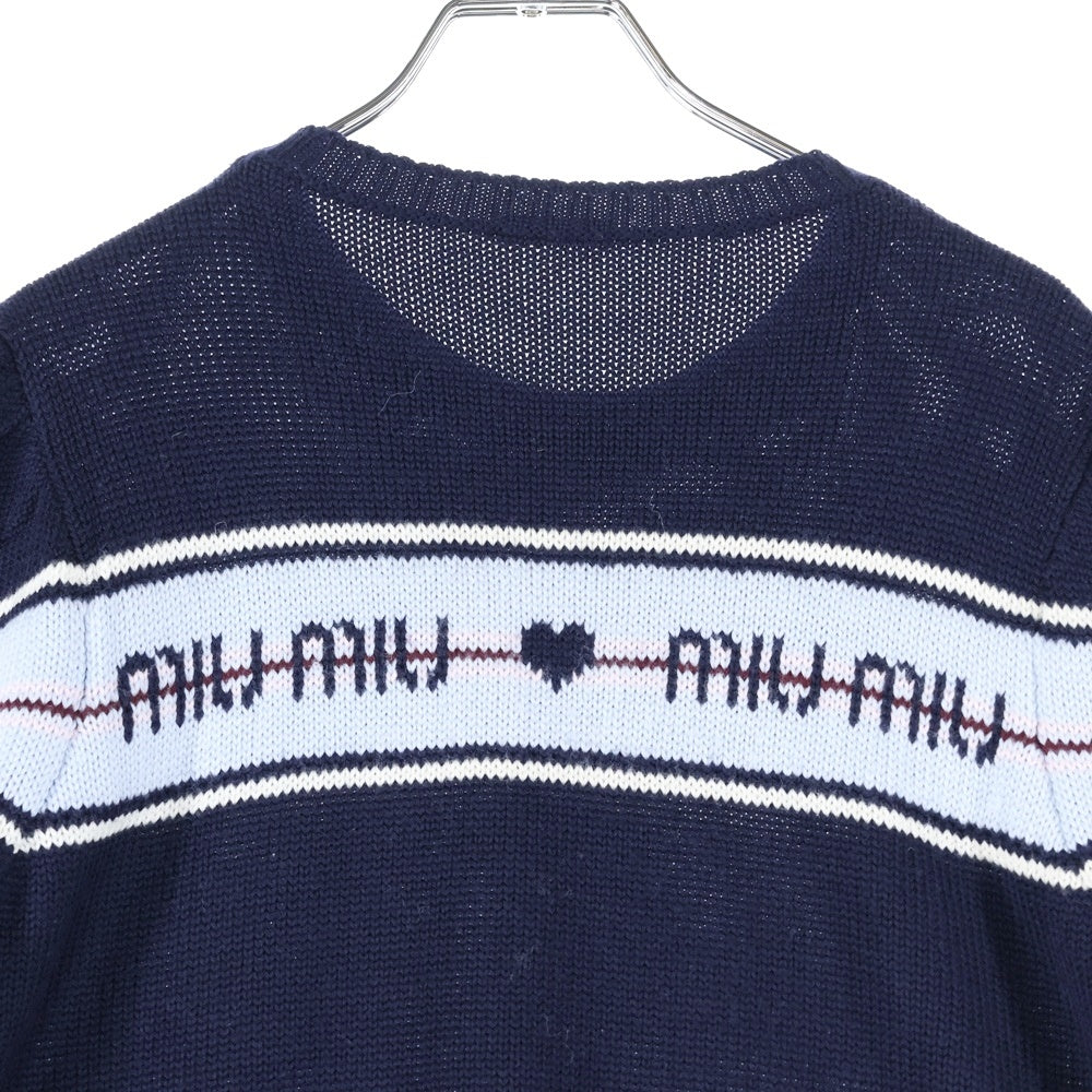 miumiu(ミュウミュウ) 17AW ロゴジャガード ハート クルーネック パフスリーブ 半袖ニット セーター ネイビー レディース MML037