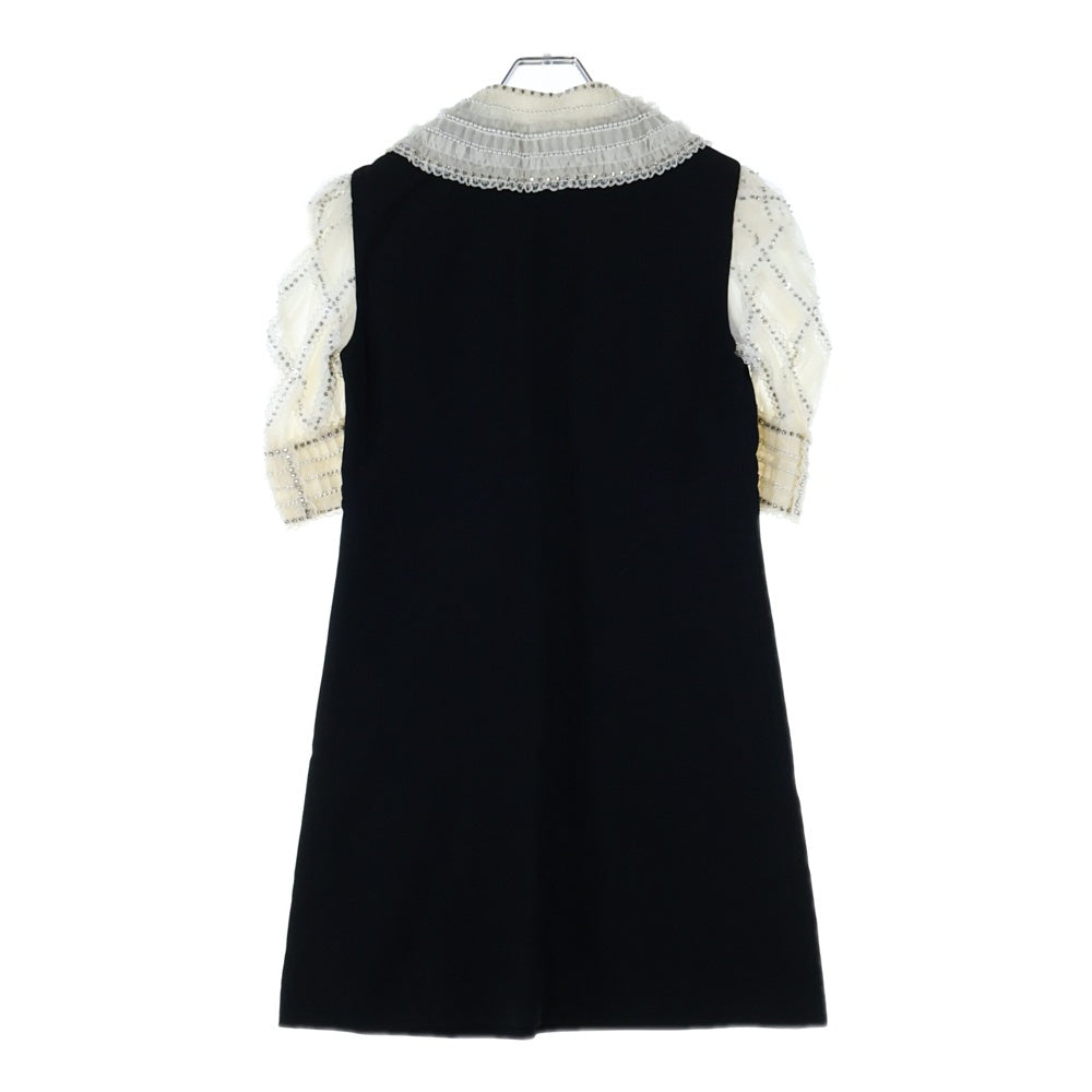 miumiu(ミュウミュウ) 20SS ラインストーン フェイクパール装飾 レース チュール 切り替え レーヨン ミディアムワンピース ドレス ブラック/ホワイト レディース MF3854