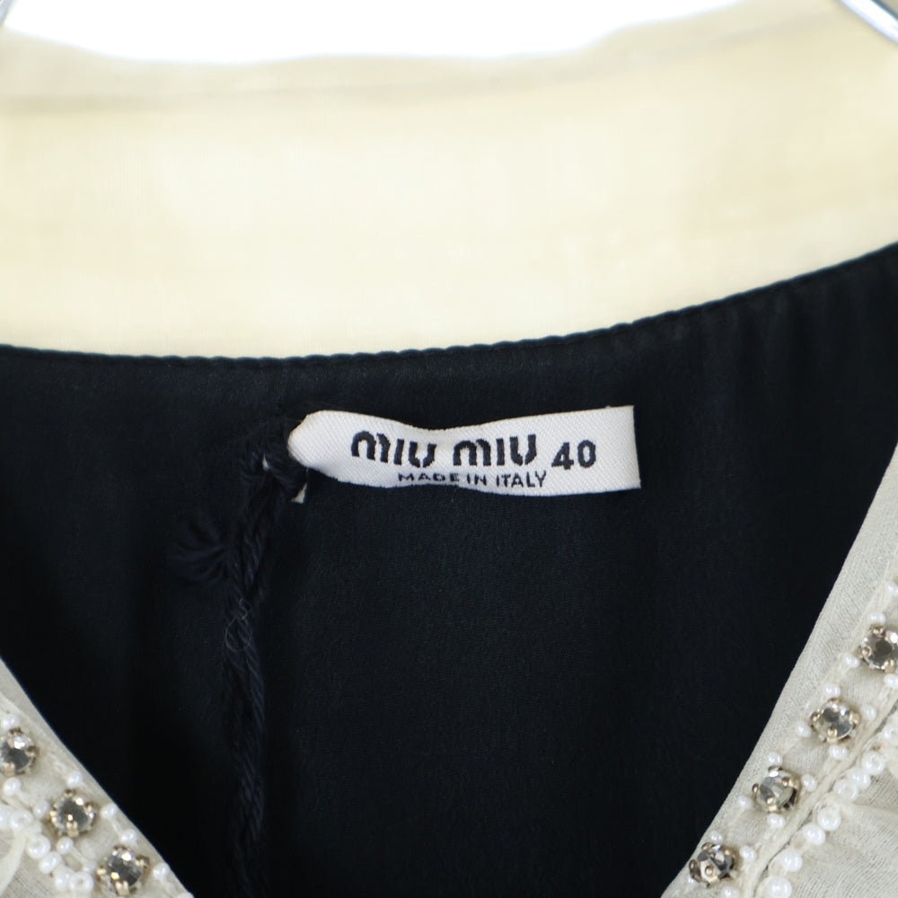 miumiu(ミュウミュウ) 20SS ラインストーン フェイクパール装飾 レース チュール 切り替え レーヨン ミディアムワンピース ドレス ブラック/ホワイト レディース MF3854