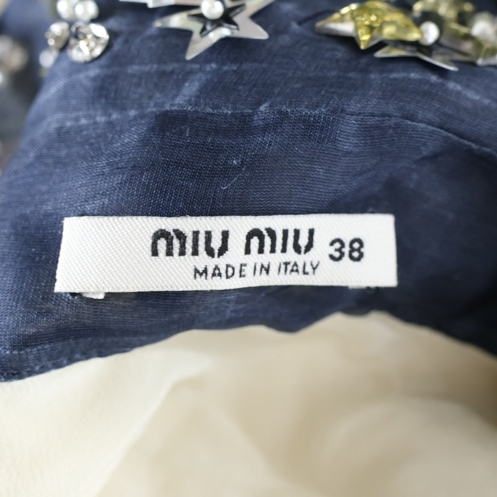 miumiu(ミュウミュウ) 16SS スタースパンコール ビーズ刺繍 シルク フリルデザイン ロングスリーブ 長袖 ミディアムワンピース ドレス アイボリー/ブラック レディース MF2359