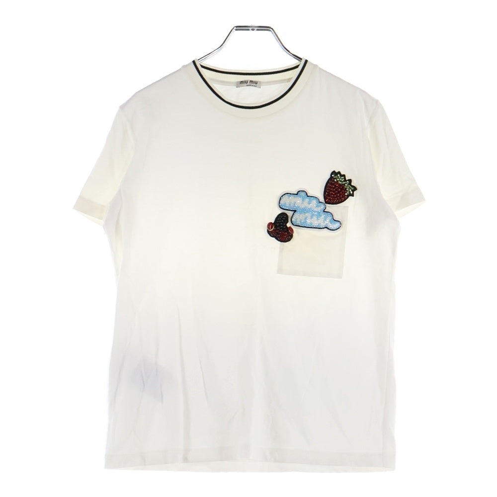 miumiu(ミュウミュウ) 17SS フルーツ ロゴ ビーズ刺繍 ワッペン クルーネック 半袖Tシャツ カットソー ホワイト レディース MJN005