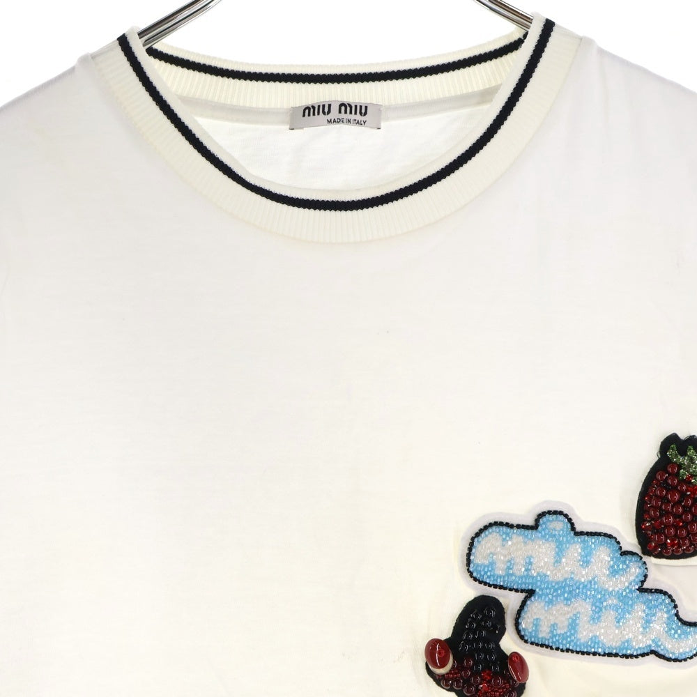 miumiu(ミュウミュウ) 17SS フルーツ ロゴ ビーズ刺繍 ワッペン クルーネック 半袖Tシャツ カットソー ホワイト レディース MJN005