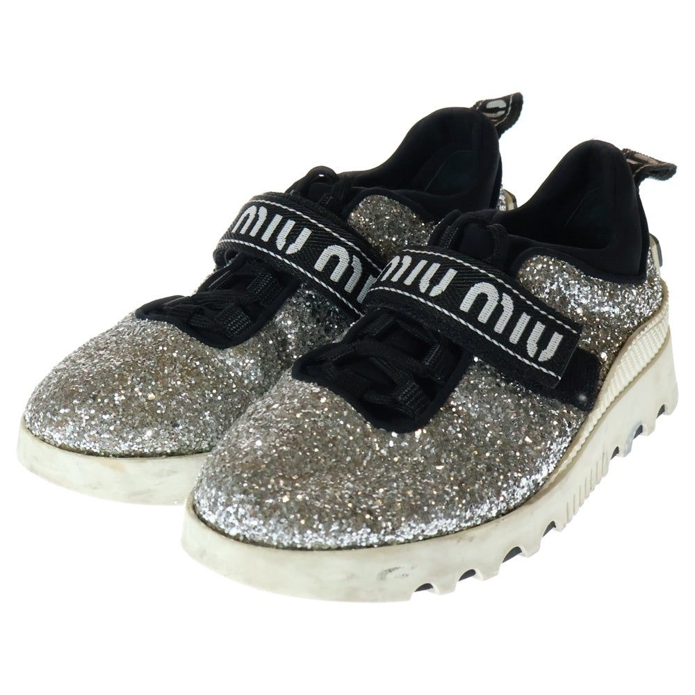 miumiu(ミュウミュウ) ロゴベルト ラメグリッター ラインストーン レースアップ ローカットシューズ スニーカー ブラック/シルバー レディース