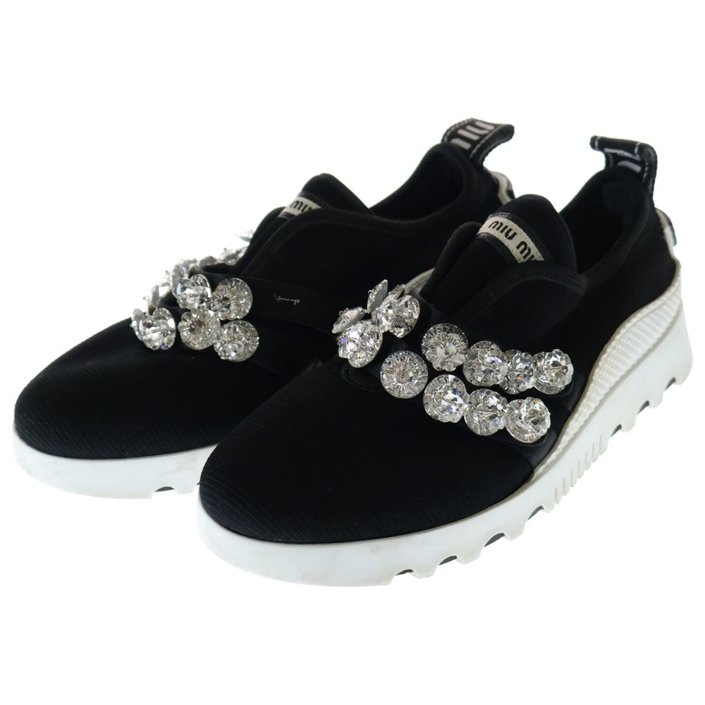 miumiu(ミュウミュウ) クリスタル ビジュー装飾 ロゴ ローカットシューズ ニット スニーカー ブラック レディース