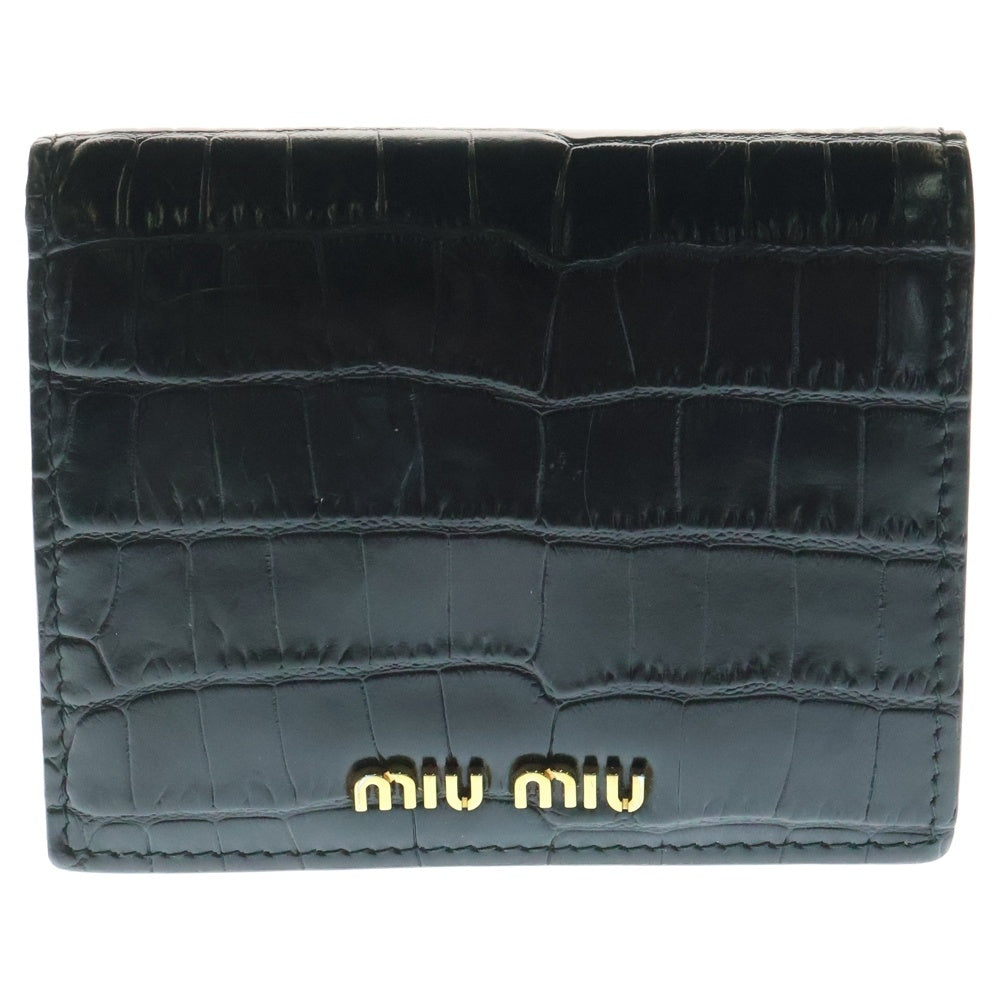 miumiu(ミュウミュウ) ロゴ 型押し コンパクトウォレット 二つ折り財布 コインケース ブラック ゴールド金具 レザー 5MV204 レディース