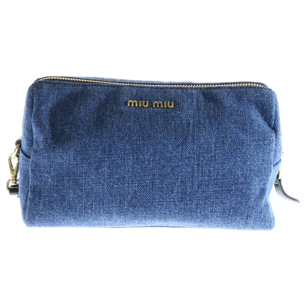 miumiu(ミュウミュウ) ロゴ メイクポーチ ケース 収納 デニム インディゴブルー ゴールド金具