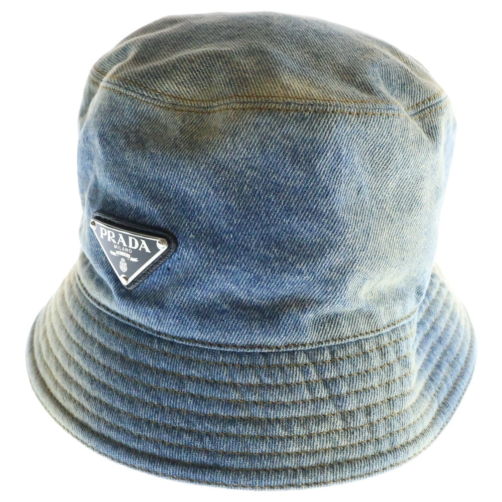 PRADA(プラダ) トライアングルロゴ バケットハット 帽子 インディゴブルー デニム 2HC137
