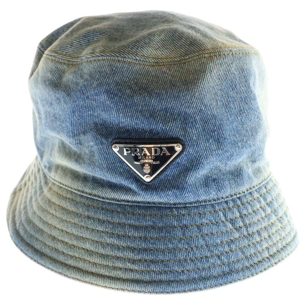 PRADA(プラダ) トライアングルロゴ バケットハット 帽子 インディゴブルー デニム 2HC137