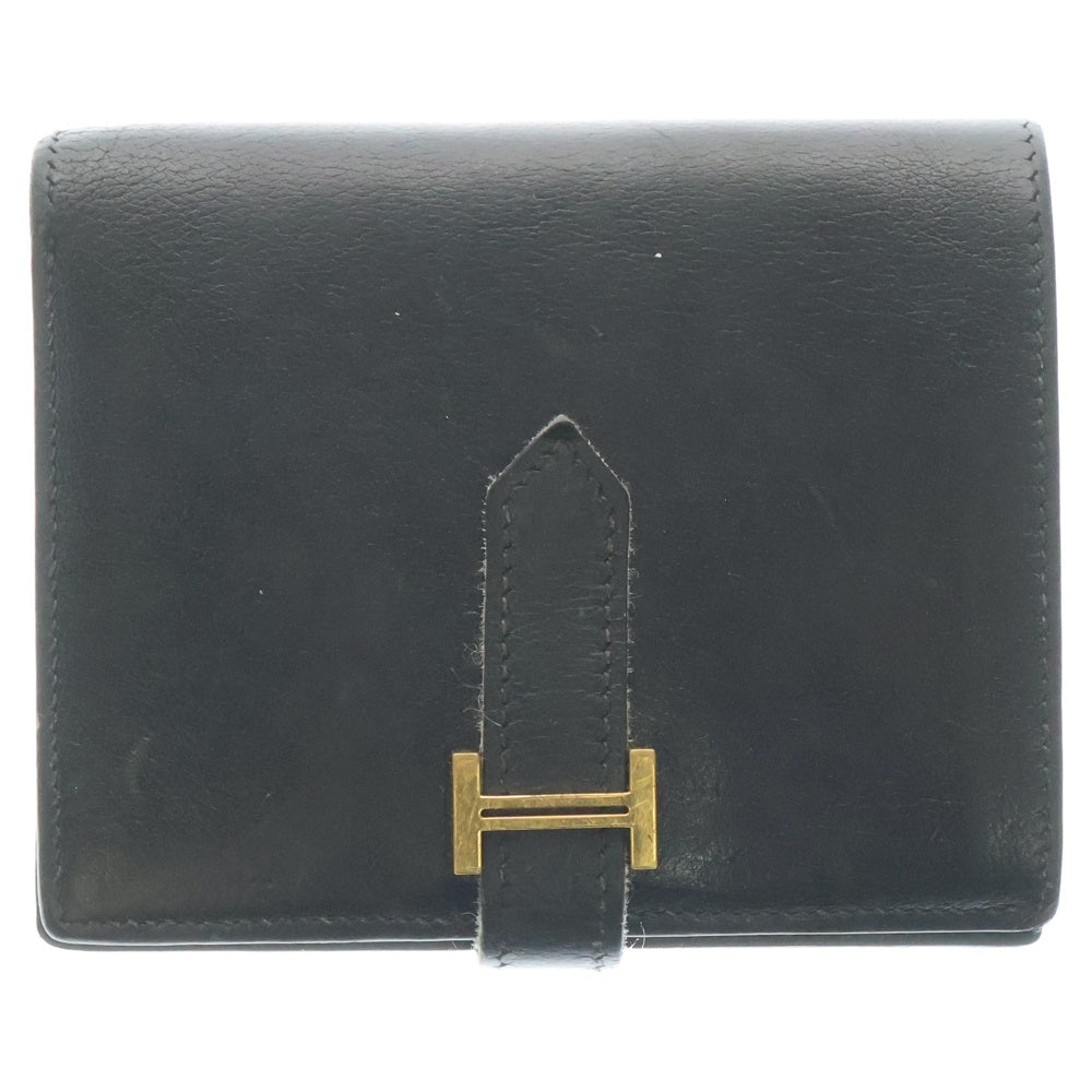 HERMES(エルメス) ベアンコンパクト シェーブル コンパクトウォレット 二つ折り財布 ブラック ゴールド金具 レザー □I刻印