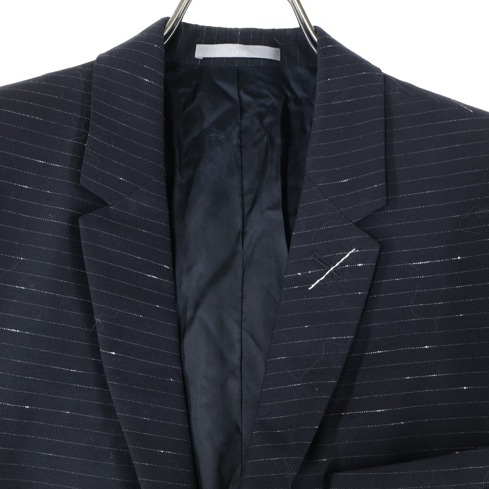 Dior HOMME(ディオールオム) セットアップスーツ ボーダー総柄 ネップ シルク混 ウール 2B ナローラペル テーラードジャケット ノータック スラックスパンツ ネイビー 863C203X191B