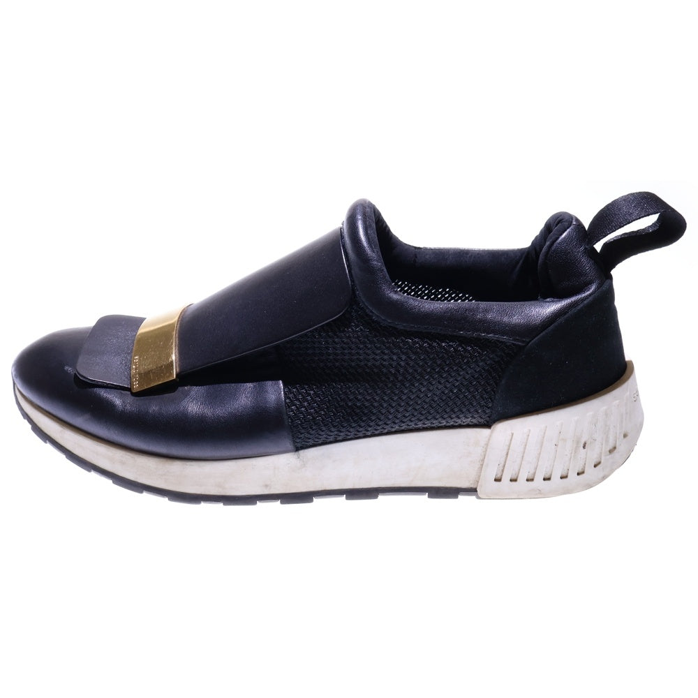 Sergio Rossi(セルジオロッシ) ロゴプレート レザー メッシュ切り替え ローカットシューズ スニーカー ゴールド金具 ブラック レディース