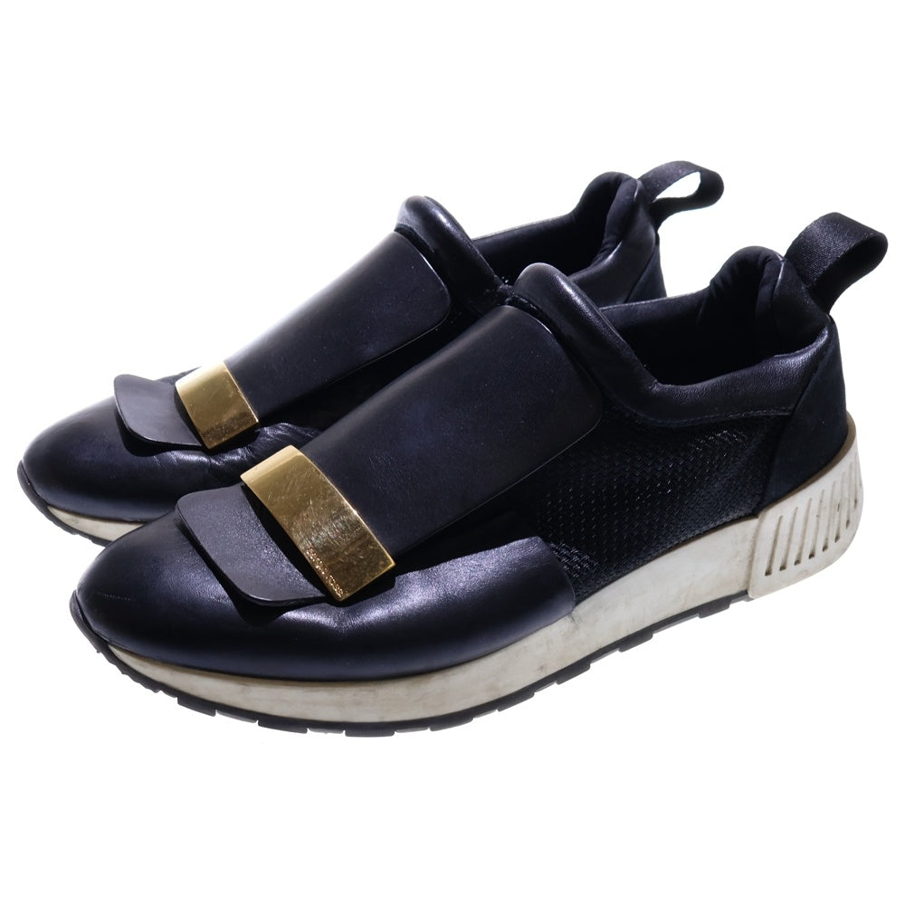 Sergio Rossi(セルジオロッシ) ロゴプレート レザー メッシュ切り替え ローカットシューズ スニーカー ゴールド金具 ブラック レディース