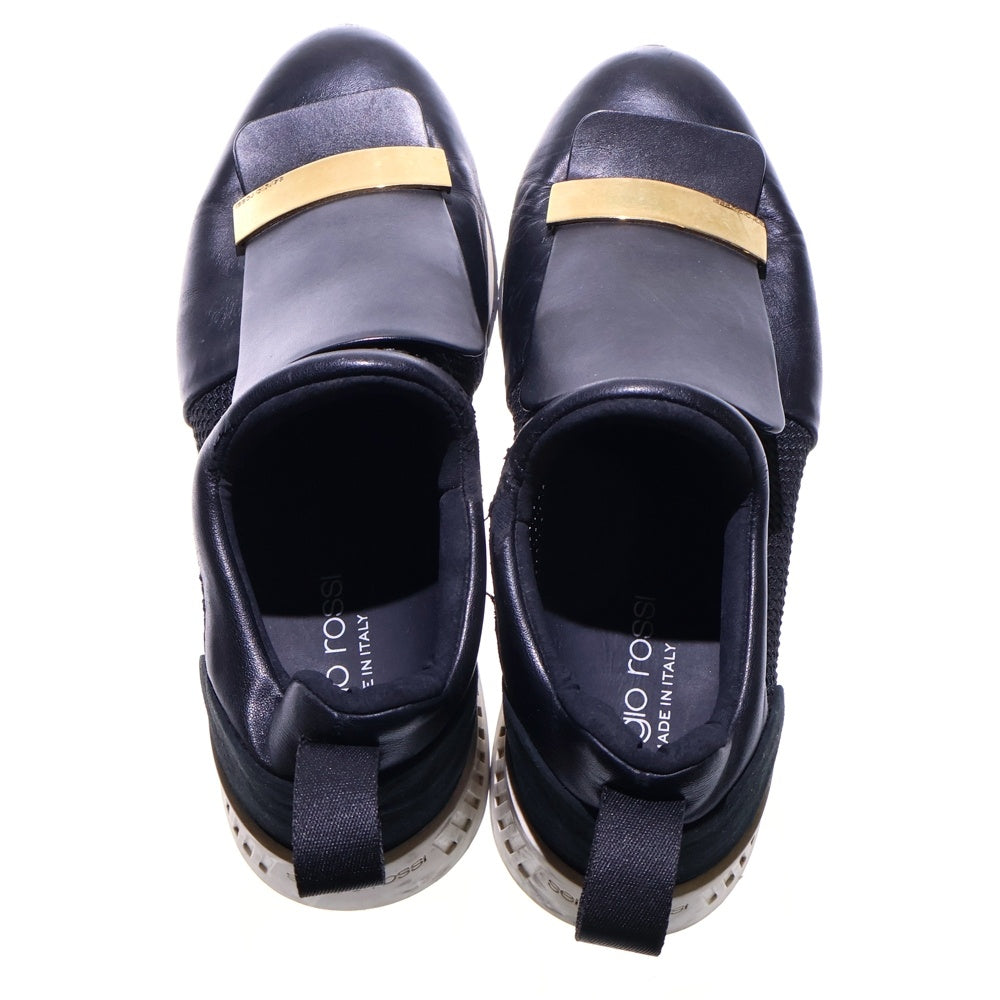 Sergio Rossi(セルジオロッシ) ロゴプレート レザー メッシュ切り替え ローカットシューズ スニーカー ゴールド金具 ブラック レディース