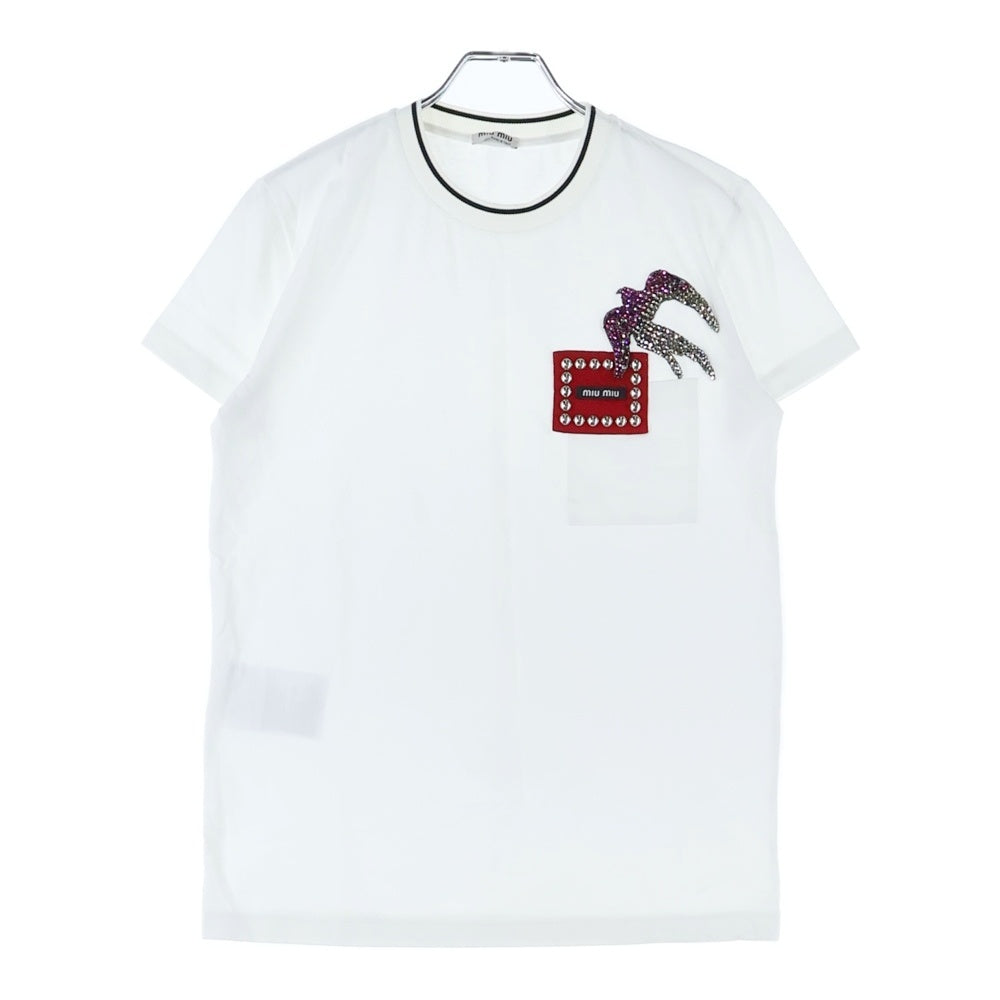 miumiu(ミュウミュウ) 18SS ラインストーン バード 鳥モチーフ スタッズ ワッペンロゴ クルーネック 半袖Tシャツ カットソー ホワイト レディース MJN042