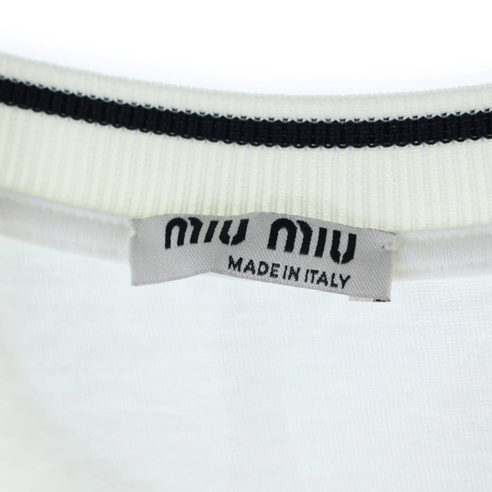 miumiu(ミュウミュウ) 18SS ラインストーン バード 鳥モチーフ スタッズ ワッペンロゴ クルーネック 半袖Tシャツ カットソー ホワイト レディース MJN042