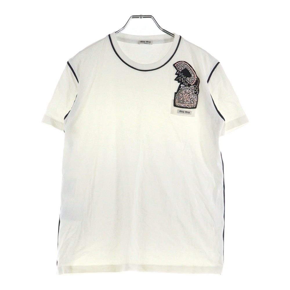 miumiu ミュウミュウ 17SS ラインストーン 電話モチーフ ワッペンロゴ パイピングデザイン クルーネック 半袖Tシャツ カットソー ホワイト レディース MJM991 miumiu(ミュウミュウ) 17SS ラインストーン 電話モチーフ ワッペンロゴ