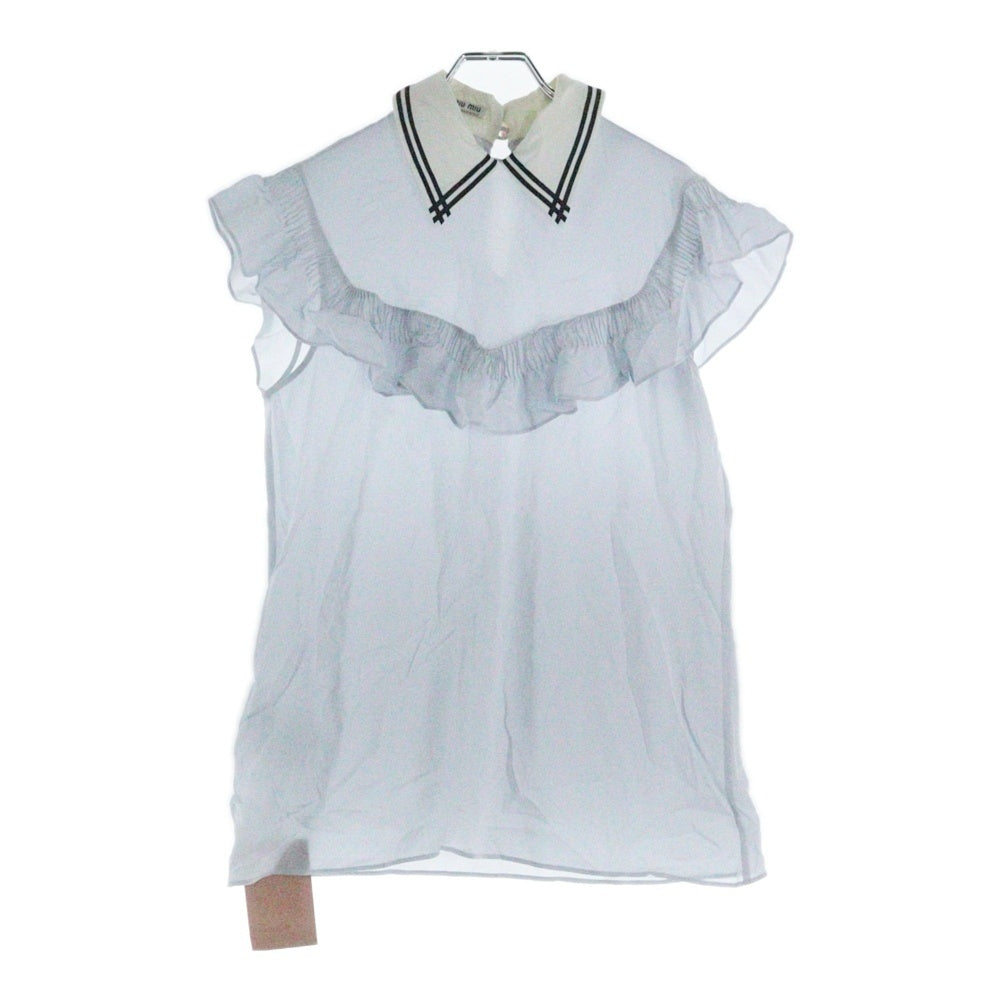 miumiu(ミュウミュウ) 17SS セーラーデザイン ギャザースリーブ シルク ブラウス トップス ライトブルー レディース MT1333