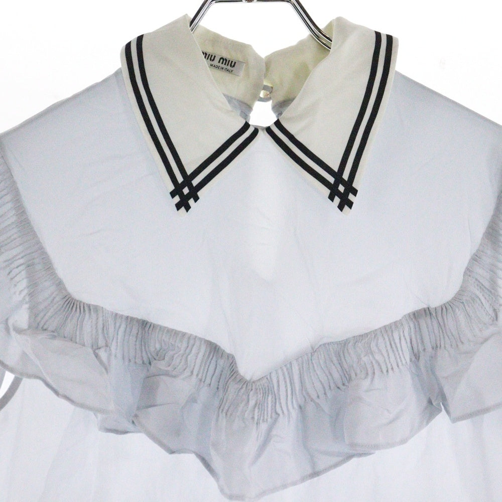 miumiu(ミュウミュウ) 17SS セーラーデザイン ギャザースリーブ シルク ブラウス トップス ライトブルー レディース MT1333