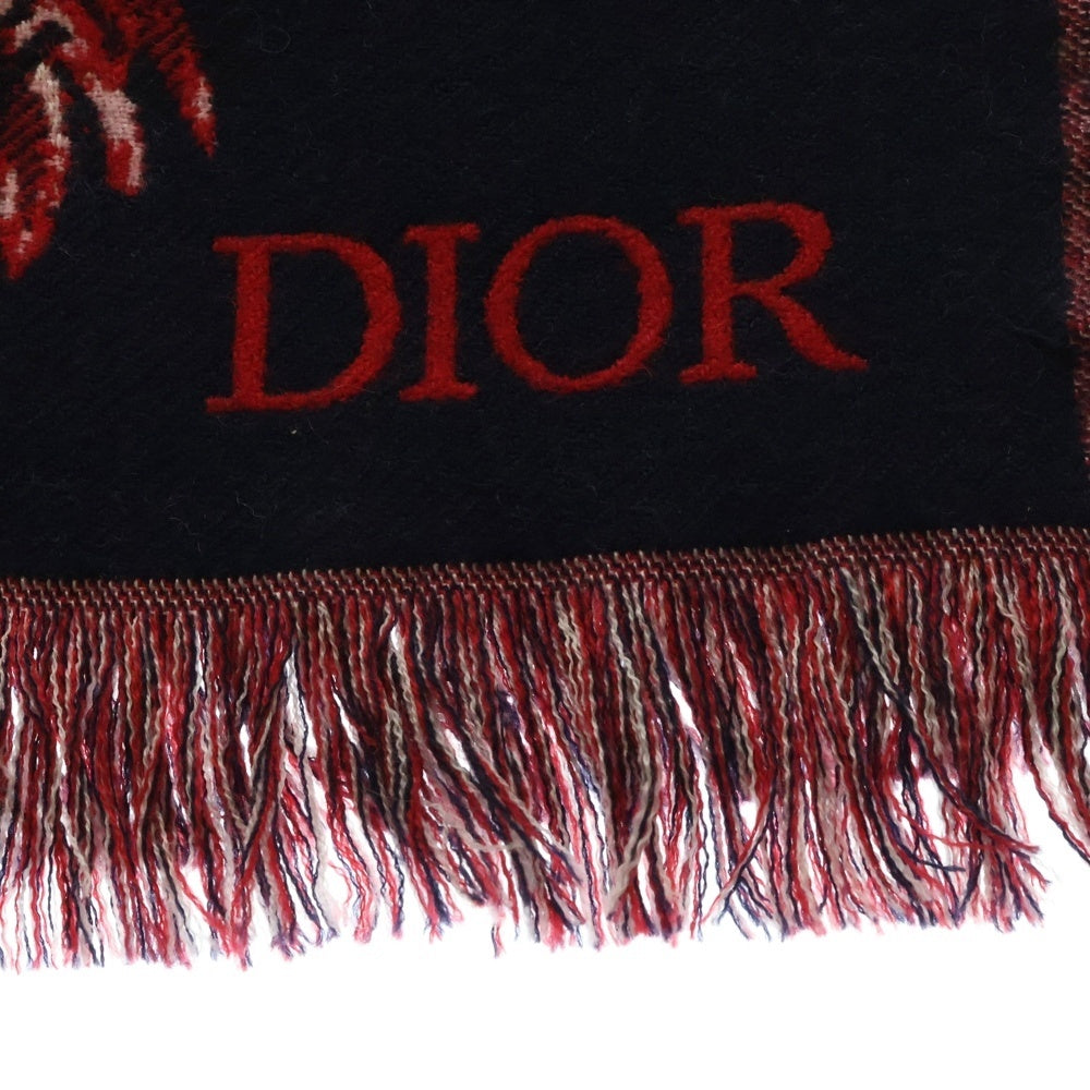 Christian Dior(クリスチャンディオール) タイガープリント フリンジ付ロゴウールマフラー ネイビー/レッド 21E0008A0617