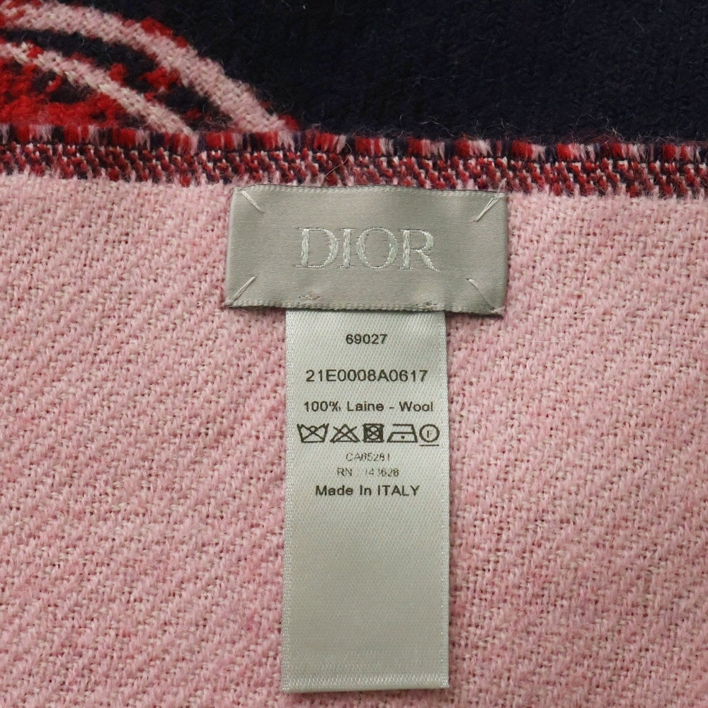 Christian Dior(クリスチャンディオール) タイガープリント フリンジ付ロゴウールマフラー ネイビー/レッド 21E0008A0617